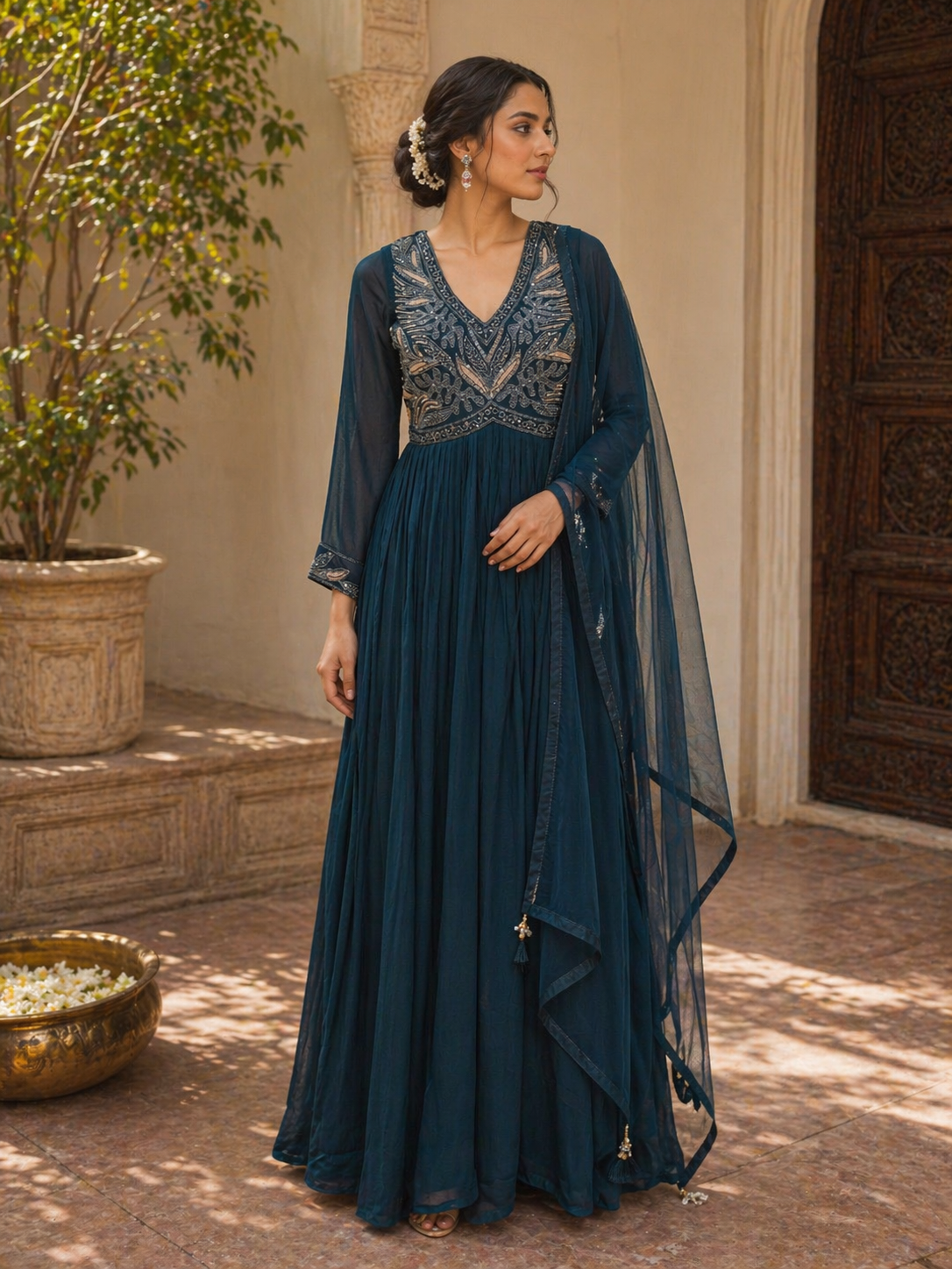 Deep Teal Silk Anarkali Gown with Embroidered Bodice & Dupatta | Wedding & Evening Wear